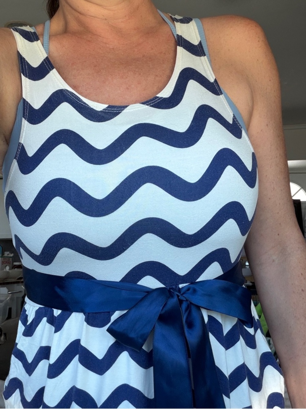 Fighting Eel White Dress with Navy Wave Print